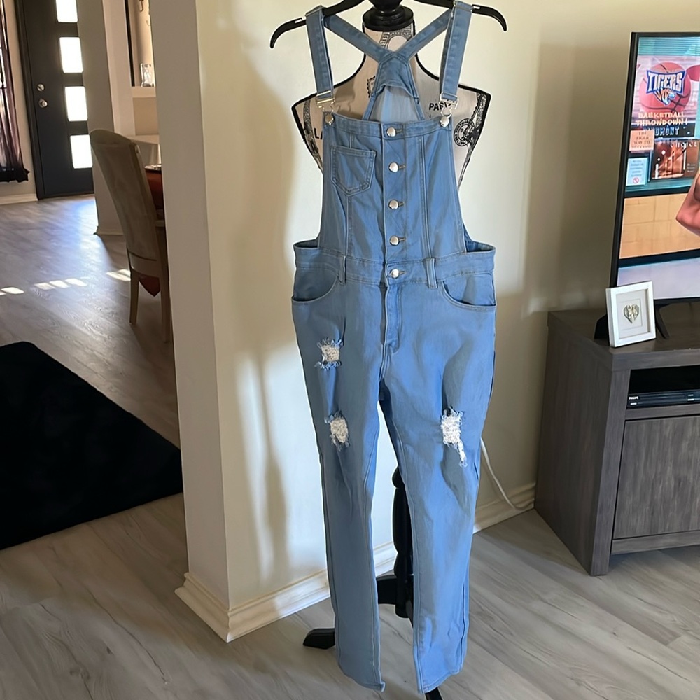 Ling Collection Distressed Denim Overalls-Light Blue Size XL-Skinny Legs-Stretch